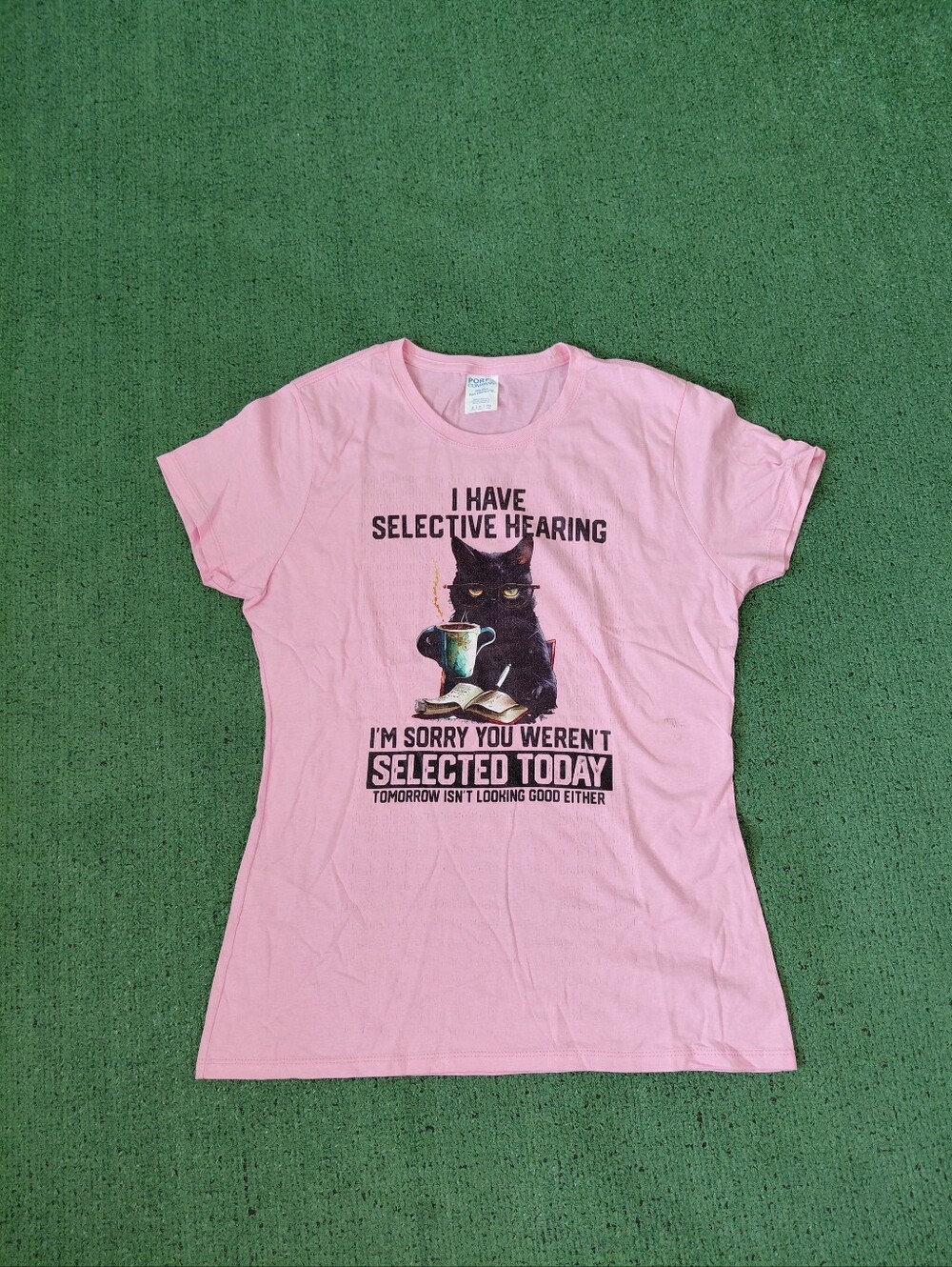 Womens I Have Selective Hearing Funny Cat Kitten Pink Quote T Shirt Sz Small